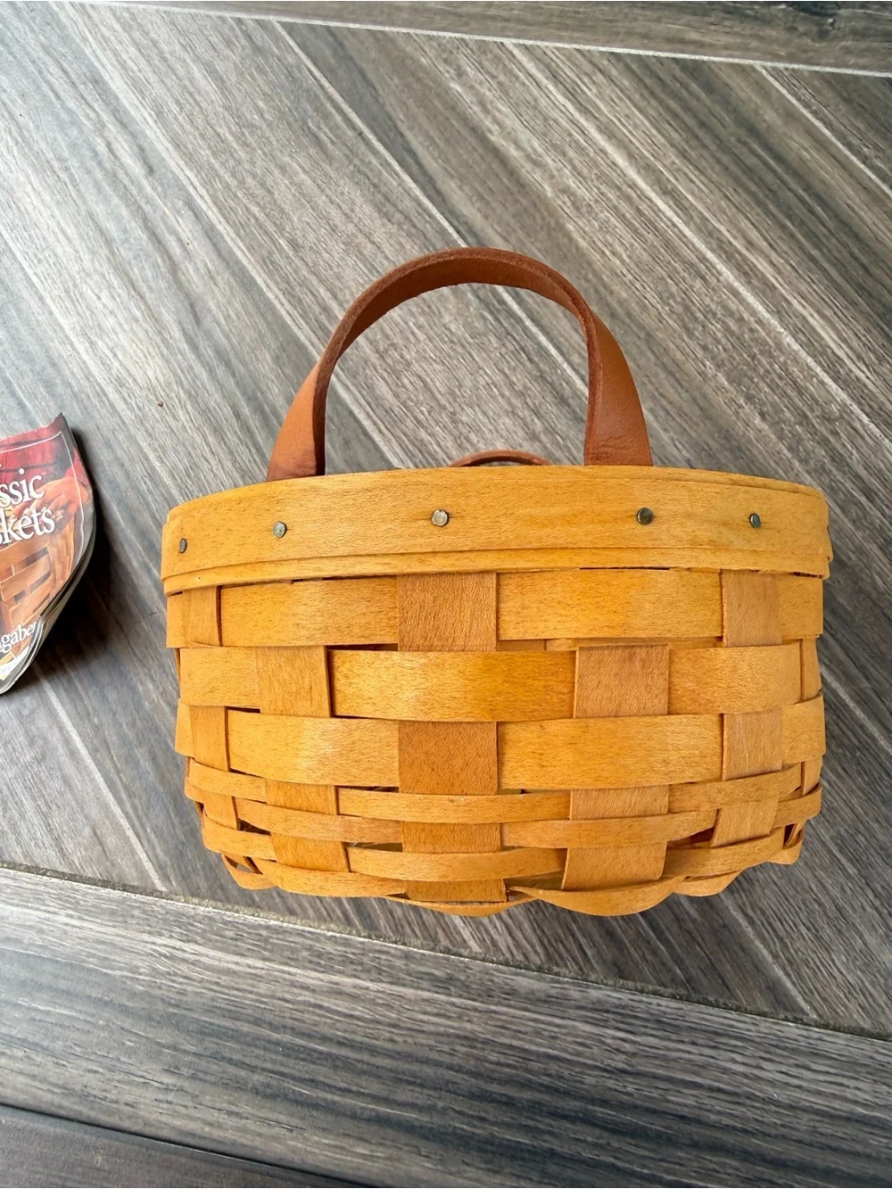 Longaberger Brown Woven Basket Pair with Leather Handles